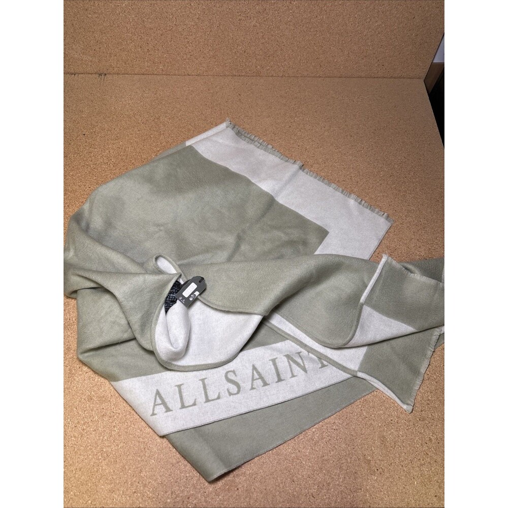 All Saints Border Ruana Wool Scarf Wrap Sage Green